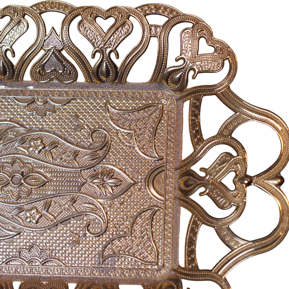 Gold Turkish Tea Serving Tray Ornate Metal Filigree Handles Small 13” Decorative - Picture 3 of 8